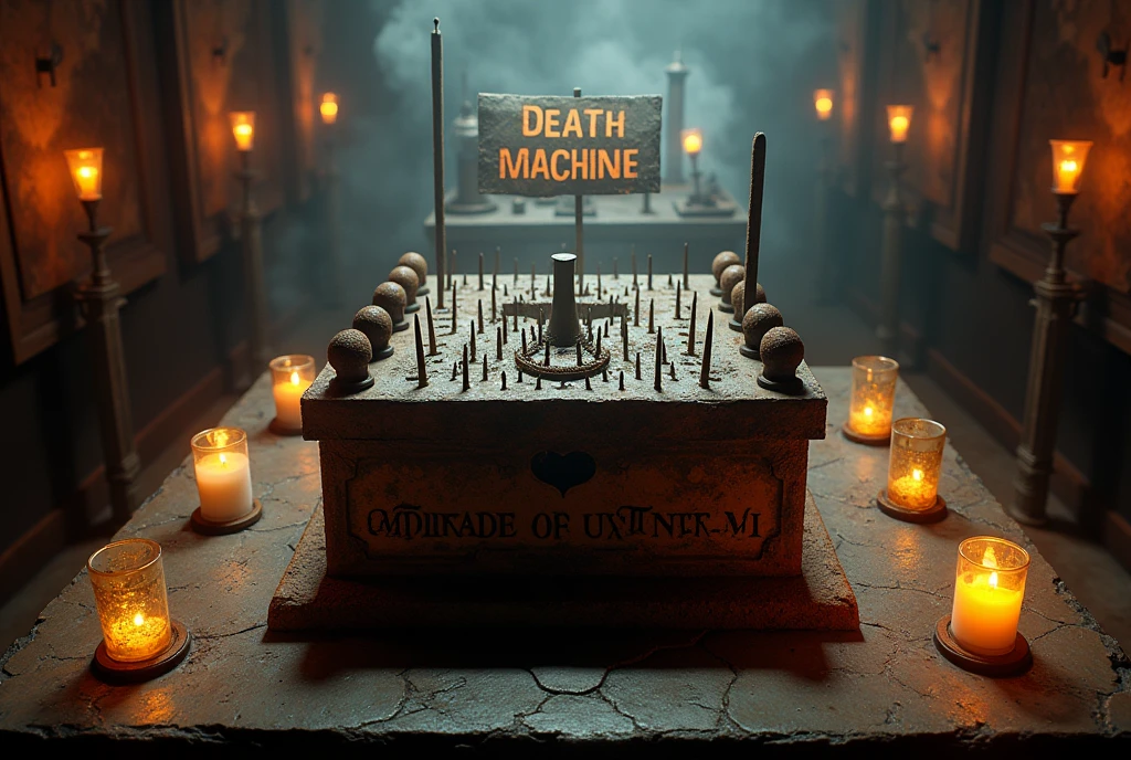 (photo:1.2) of a museum display showcasing a machine to torture men. Long rusty metal spikes were used to pierce the bodies. The machine is a kind of sarcophagus. (A weathered sign pleads "DEATH MACHINE"). Top view. Masterpiece, best quality, 8K, photo realistic, wallpaper, wallpaper 8k, photographic contest winner, Hyperrealistic art cinematic film still photography in the style of detailed hyperrealism photoshoot. [Entire scene is surrounded by lights, evoking a magical and eerie atmosphere. The lighting is bright and atmospheric, with smoke adding a touch of sinister ambiance. Best quality image, HDR enhancement, showcasing the utmost level of detail and realism]. [8K, Best Quality, Ultra High Resolution, (highly detailed CG unity 8k wallpaper), (best photo), (best shadows), isometric 3D, octane rendering, ray tracing, highly detailed, (Best quality, 4K, 8k:1.2), absurdity, ultra detailed, (realistic, photorealistic, photorealistic:1.37), complex parts, HDR, (complex parts:1.12), (hyper detailed, hyper realistic, Soft lighting, spicy:1.2), (complex parts, Hyper detailed:1.15). Blurred foreground. (backlit), masterpiece, high quality, brightness, chromatic aberration, foggy smoke, shadows, contrast, clear sky, (warm hue, warm tone), high details, natural reflections].