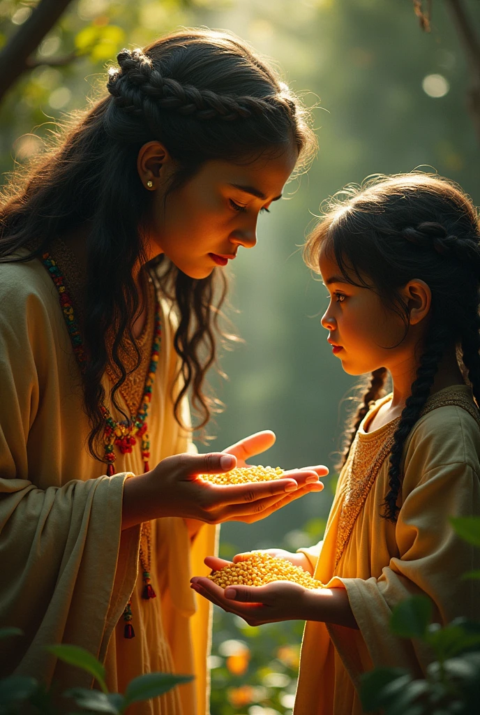 Pachamama knew, He gives golden seeds to a little 8-year-old girl with big eyes and long braided hair who excitedly receives the sacred seeds