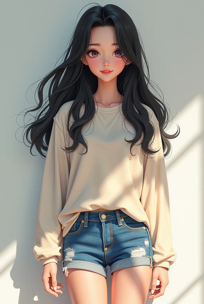 A beautiful 17-year-old girl with fair skin, very well-proportioned features, beautiful black hair, a long-sleeved casual shirt, low-rise denim shorts, white knee-length socks, sports sneakers, a refreshing smile as she looks at me and smiles