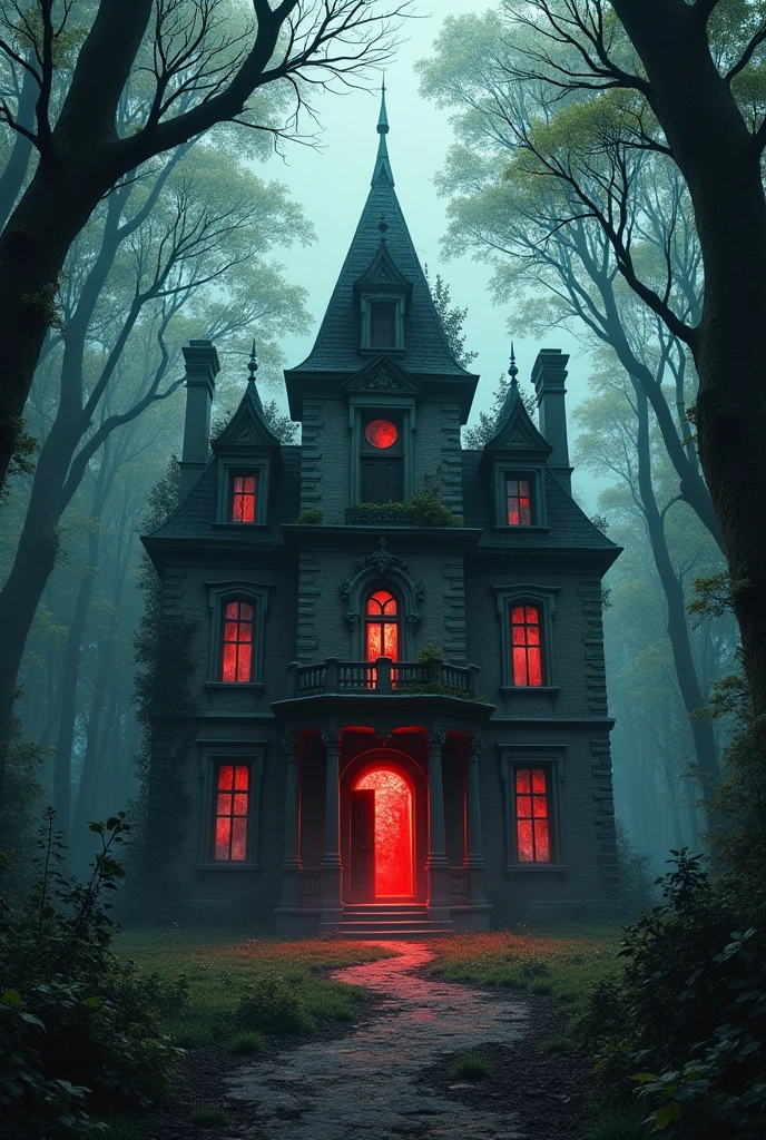 An old, crumbling mansion deep in the forest, with a broken roof, shattered windows, and vines creeping up the walls. A red glow emanates from the partially open door.