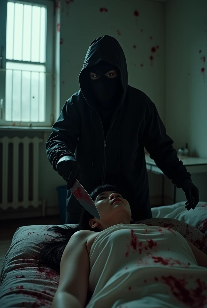 korean girl, (behind corpse, balaclava), holding knife, stabbing, black gloves, room full of blood, black raincoat, plump woman, hood up, holding knife, black gloves, behind corpse, looking at viewer, blood splatter, bondage, bed room, black wet suit, night, mass murderer, killer, robbery, dark atmosphere, cinematic lighting, atmospheric realistic, light from the window close-up,
