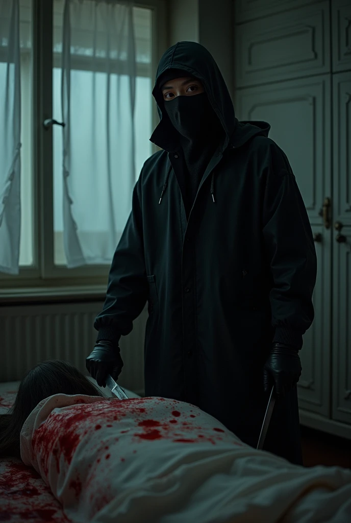 korean girl, (behind corpse, black gas mask), holding knife, stabbing, black gloves, room full of blood, black raincoat, plump girl, hood up, holding knife, black gloves, behind corpse, blood splatter, 20 years old, bed room, black wet suit, night, mass murderer, killer, robbery, dark atmosphere, cinematic lighting, atmospheric realistic, light from the window, close-up,
