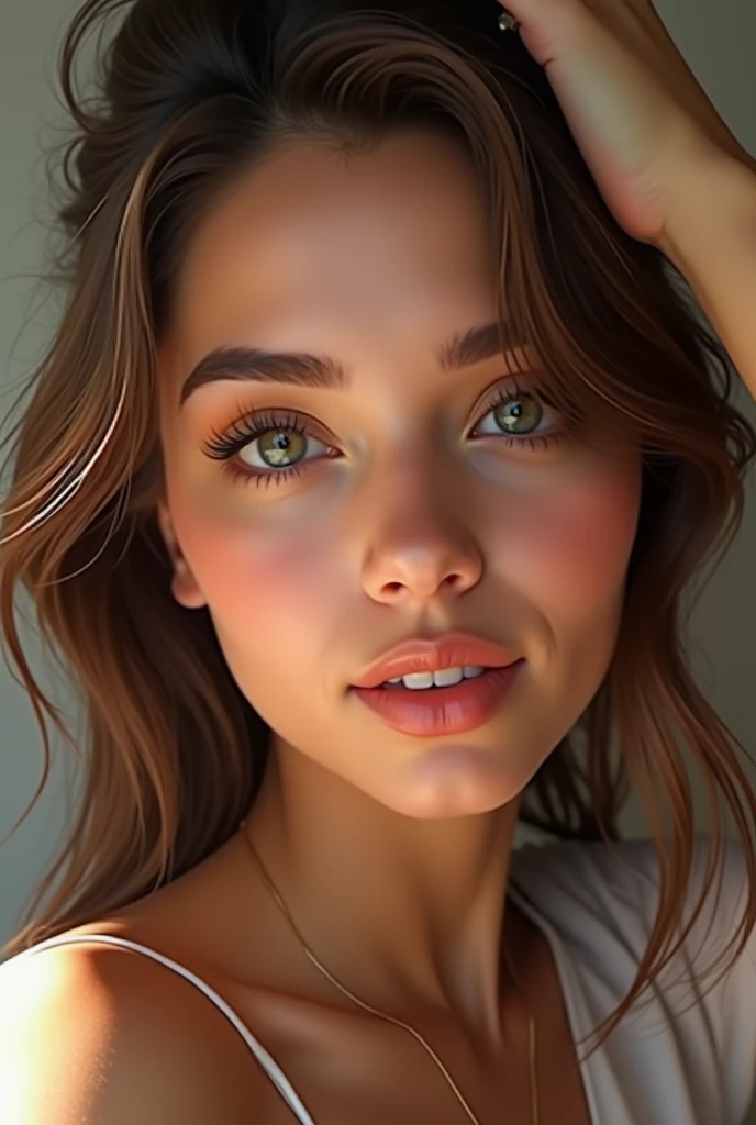 a beautiful digital influencer woman taking a selfie, (best quality,4k,8k,highres,masterpiece:1.2),ultra-detailed,(realistic,photorealistic,photo-realistic:1.37),beautiful detailed eyes,beautiful detailed lips,extremely detailed eyes and face,longeyelashes,fashionable clothing,dynamic pose,natural lighting,warm colors,professional studio lighting,award winning digital art