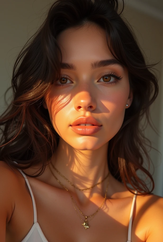 a beautiful digital influencer woman taking a selfie, (best quality,4k,8k,highres,masterpiece:1.2),ultra-detailed,(realistic,photorealistic,photo-realistic:1.37),beautiful detailed eyes,beautiful detailed lips,extremely detailed eyes and face,longeyelashes,fashionable clothing,dynamic pose,natural lighting,warm colors,professional studio lighting,award winning digital art