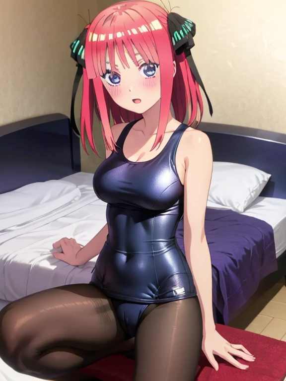 best quality, insanely detailed, nino nakano, breasts, blush, bedroom background, looking at viewer, one-piece swimsuit, cheerful eye, pantyhose