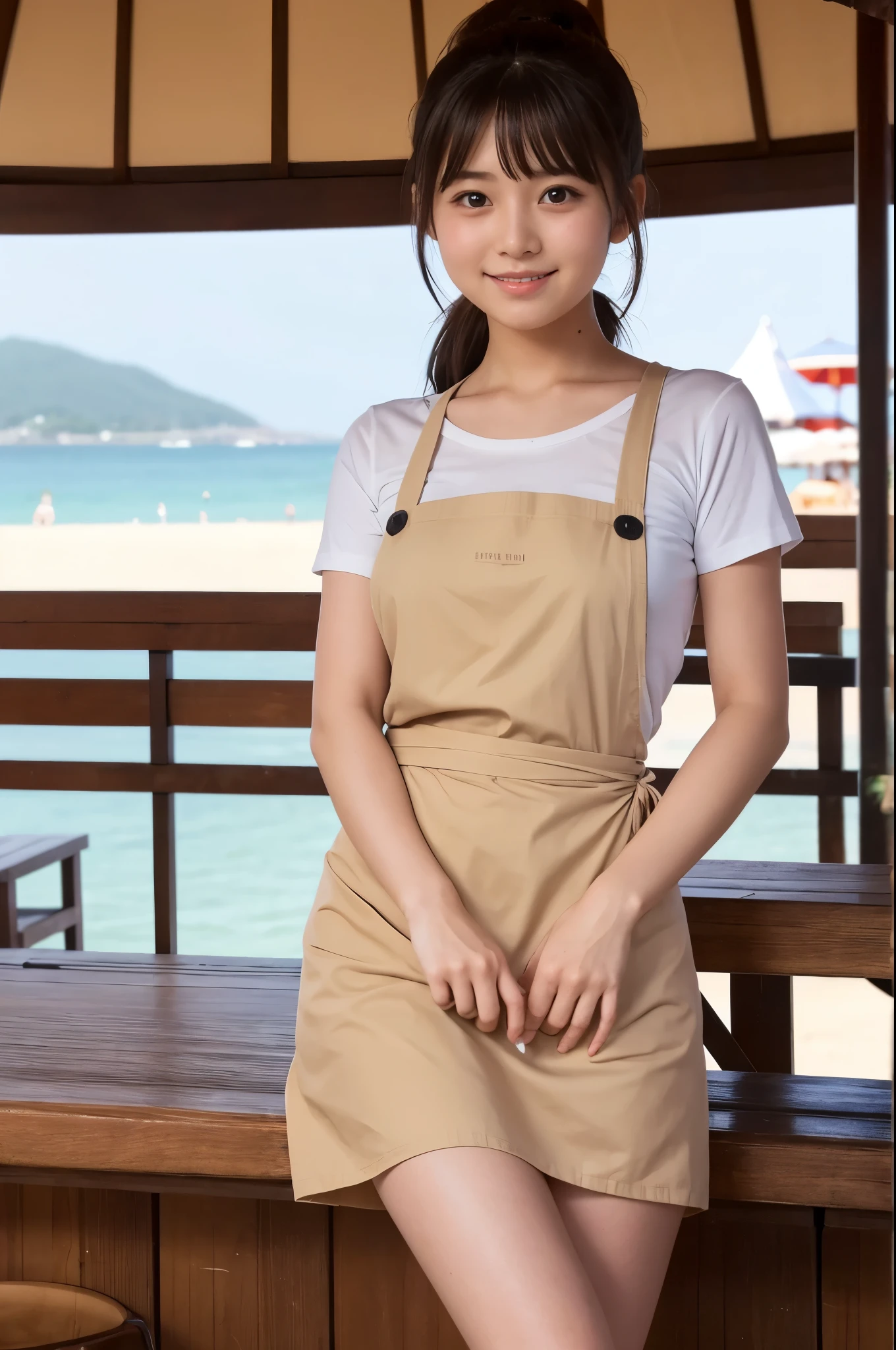 21 years old girl (Japanese cute face) is wearing apron, mini skirt and has fluits drink at the beach bar