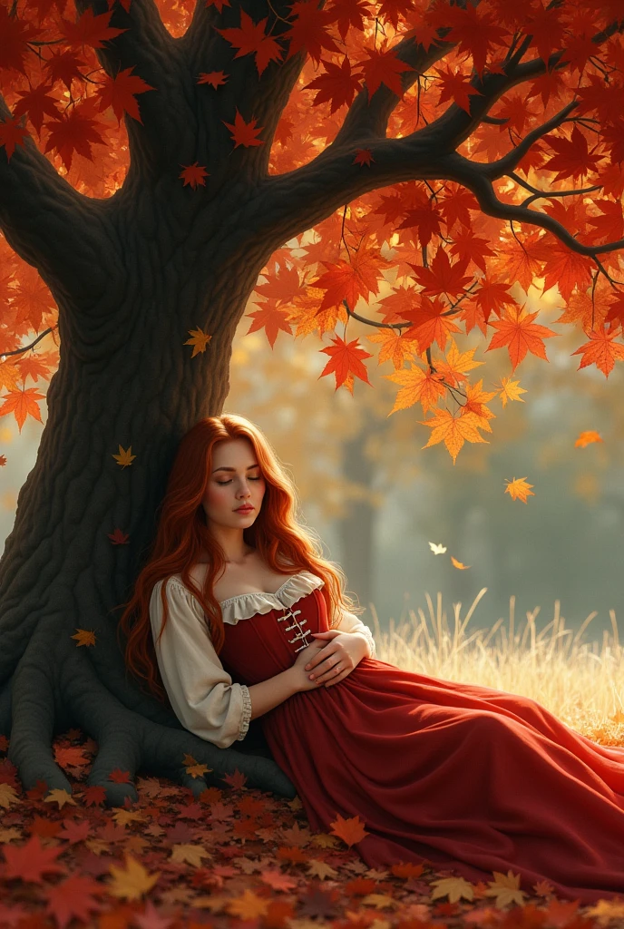 Olena: A 20-year-old with long, flowing reddish-brown hair that cascades down her back, and deep hazel eyes. She wears a modest, non-revealing gown reminiscent of Red Riding Hood's dress, with a fitted bodice and a flowing skirt. Though poised, she carries an air of vulnerability, as if caught between worlds.

Composition: Olena is sleeping peacefully under a large maple tree. The tree's red and gold leaves gently rustle in the breeze, with sunlight filtering through to cast soft shadows on her. She lies on a bed of fallen leaves, her hands resting on her chest. Her expression is calm and serene, as if lost in a dream.