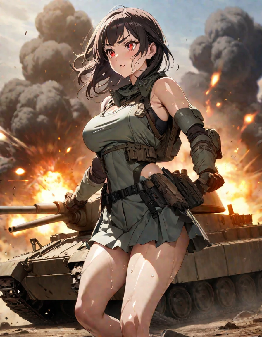 Young beautiful woman,(Highest quality,Extremely detailed depiction,Incredibly absurd high resolution,Anatomically accurate depiction),(Glowing Skin,Shiny skin),(Personification of a tank:1.5,Tank Girl,Panther Tank,Armor,Main gun),(Perfect body),(eyelash,Red eyes,Large Breasts,Sweat),background:battlefield,explosion,Anime Art