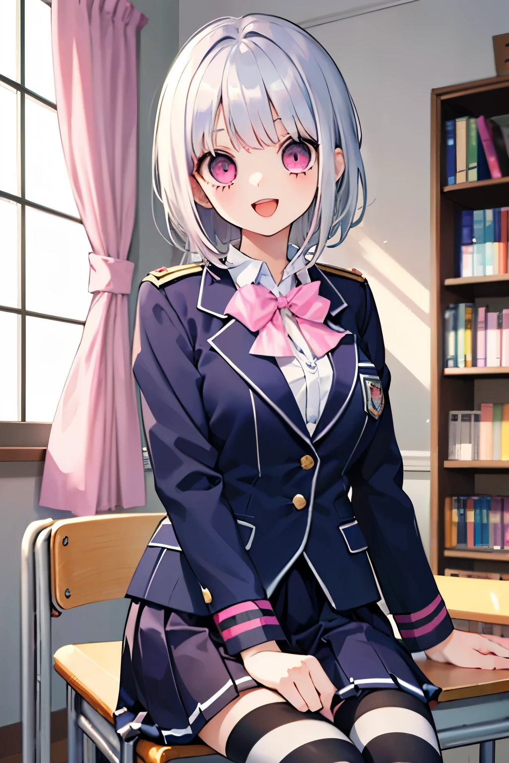 beautiful cute girl,(Bluelight silver hair:1.2),,(pink eyes:1.2),((school costume:1.2)),((stripe blazer uniform:1.2)),(open your mouth:1.1),smile,(study:1.1),(study room:1.1).