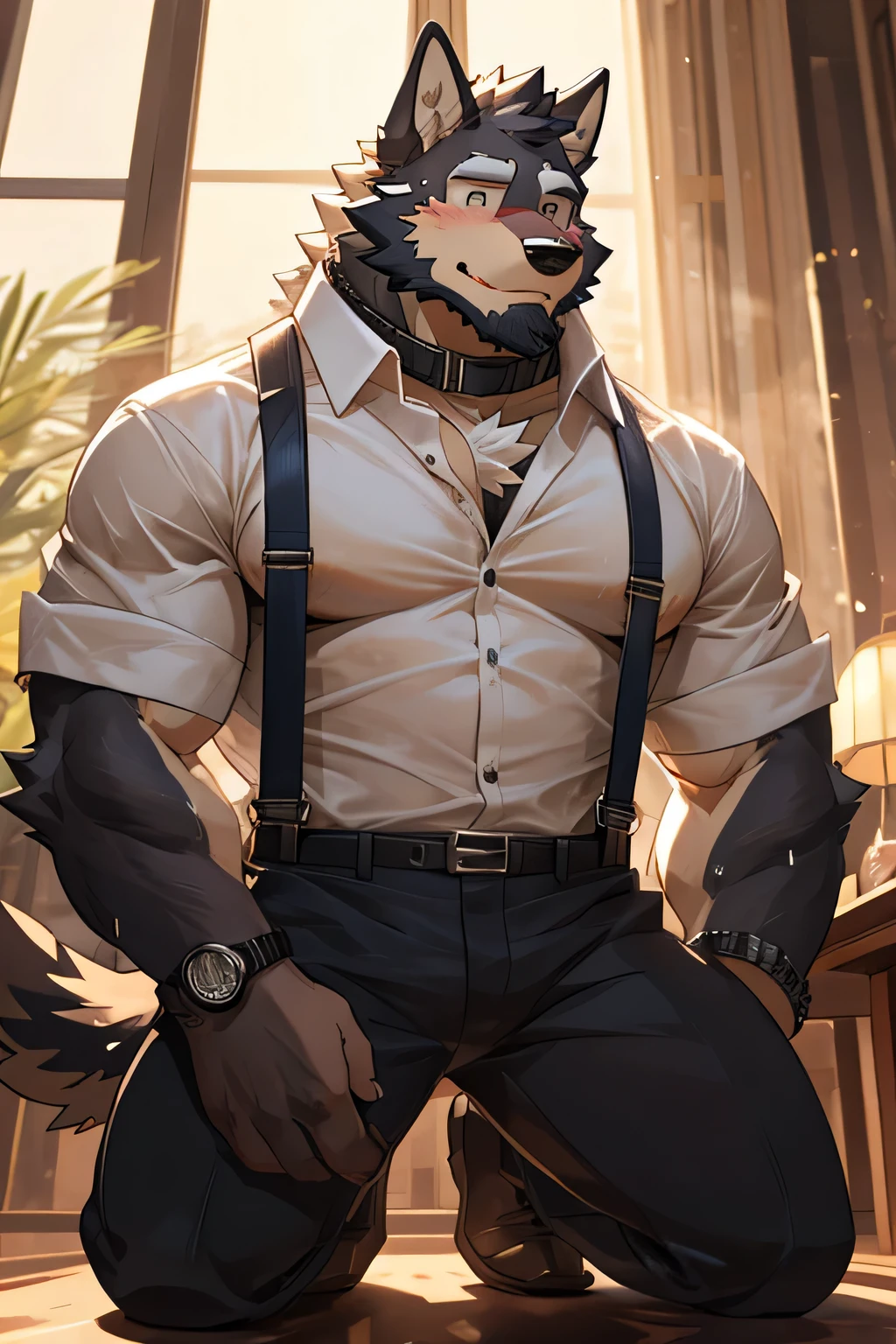 wolf, big muscular, shirt, 1boy, white shirt, upper body, male focus, collared shirt, pants, look to down me, suspenders, pectoral muscles, sleeves rolled up, watch, watch, wolf ears, beard, blush, sweat black and white stripes, collar dog, sweating, happy face, handsome, view looking up from directly below, kneeling