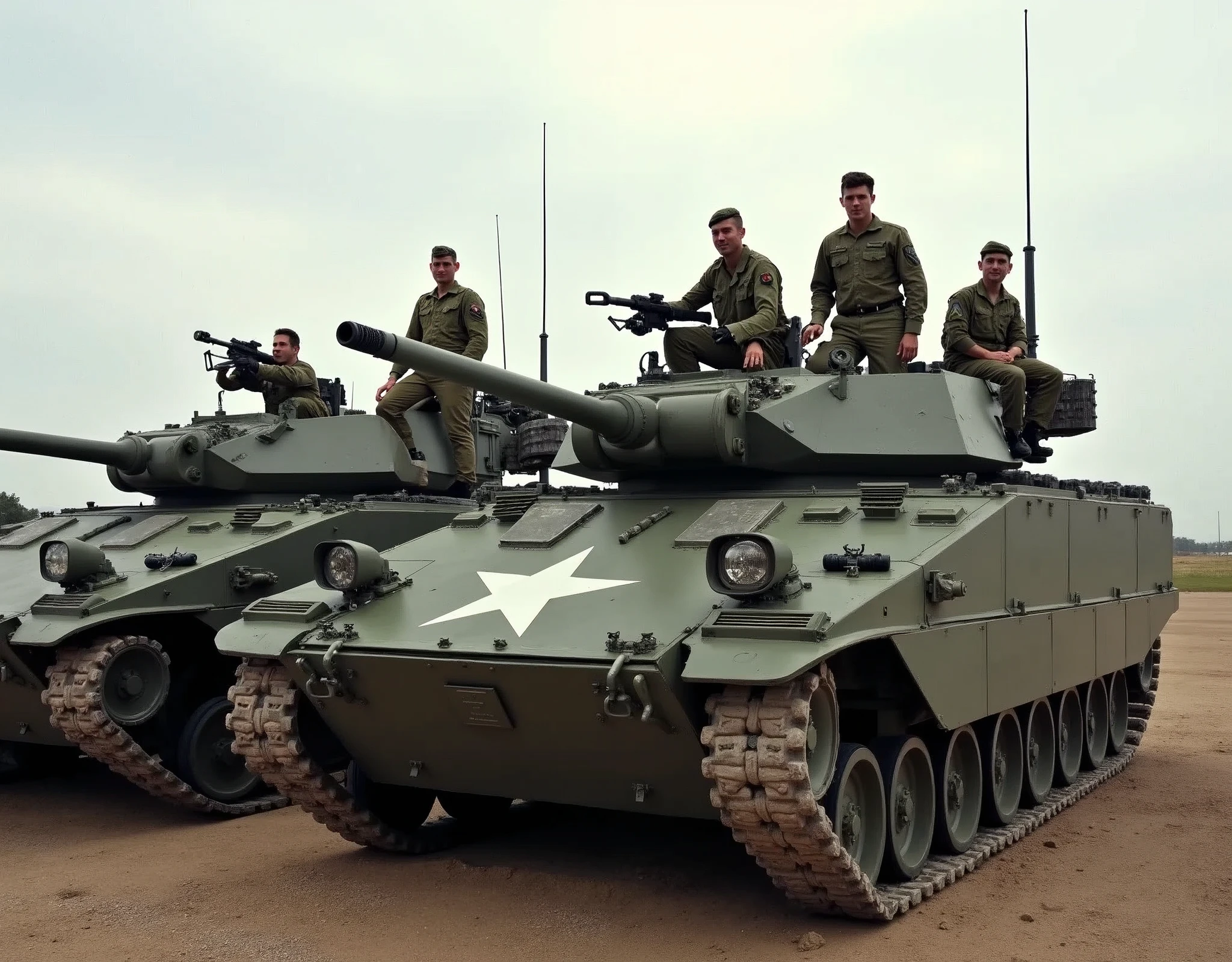 Photo of soldiers posing on armored vehicles。