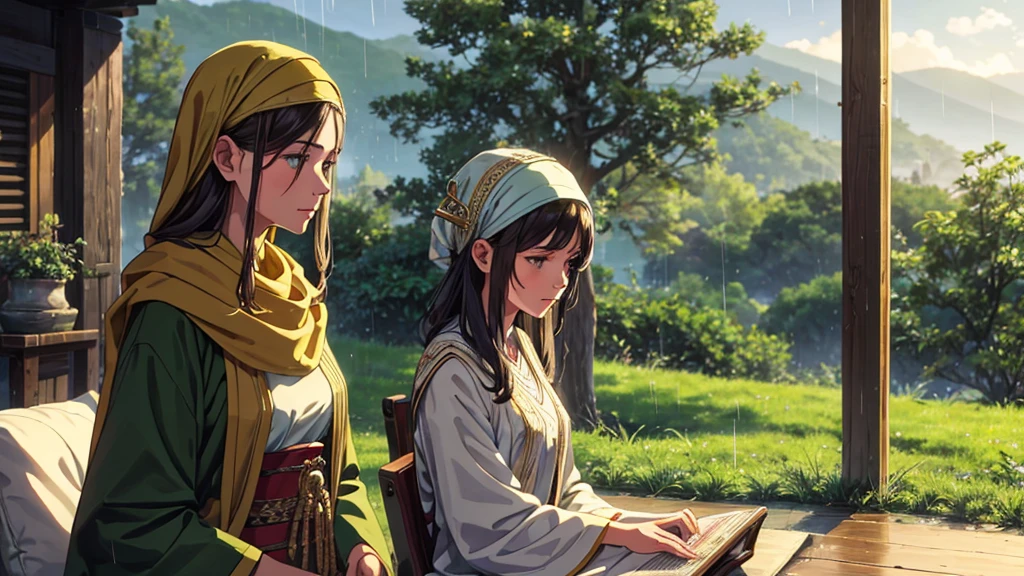 A modern portrayal of a woman from the Bible set in the time of Jesus, blending ancient and contemporary elements. The image focuses on her face, capturing a peaceful and reflective expression. She is dressed in traditional biblical attire, including a modest robe and a headscarf, detailed with period-accurate embroidery. Modern earbud headphones are subtly visible in her ears, creating a contrast between the ancient and the contemporary. The background features lush green fields and a gentle rainfall, adding a serene, refreshing atmosphere that complements her contemplative gaze. The scene highlights her spiritual connection to both the past and present.