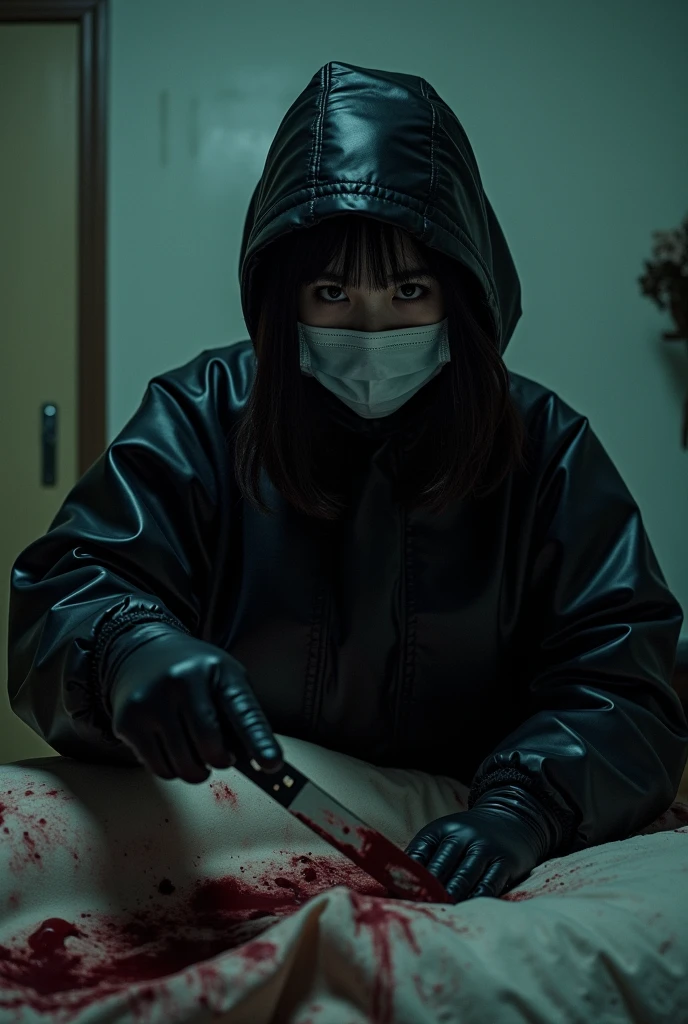 korean girl, (behind corpse, surgical mask), holding knife, stabbing, black gloves, room full of blood, black raincoat, plump, hood up, holding knife, black gloves, behind corpse, looking at viewer, blood splatter, bondage, long bangs, bed room, black wet suit, night, mass murderer, killer, robbery, dark atmosphere, cinematic lighting, atmospheric realistic, light from the window close-up,
