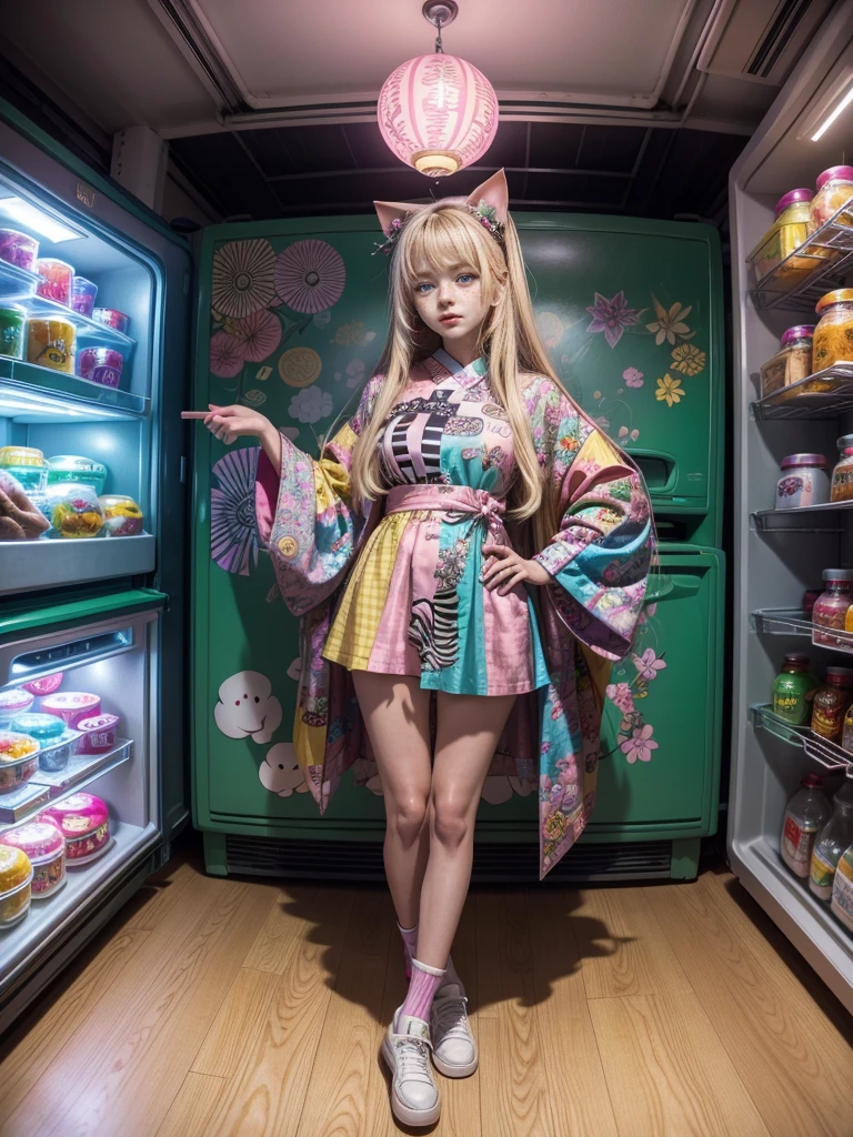 Cute blonde teenage girl wearing clothes coming out of a refrigerator, glowing magic mushrooms growing on a shelf, cyber geisha in an oversized pink and green checkered dress, zebra print, color blocking, checkerboard floor, cat bowls with food on the floor, open refrigerator, view from the fridge, retro technology, cyberpunk art, kawaii, line art, Behance contest winner, psychedelic art, anime aesthetic, maximalist, psychedelic, anime aesthetic, Japanese pop art, graphic novel, comic book style, Ultra-HD, HDR, refreshing, incredibly detailed and intricate, hypermaximalist, elegant, ornate, hyperrealistic, super detailed