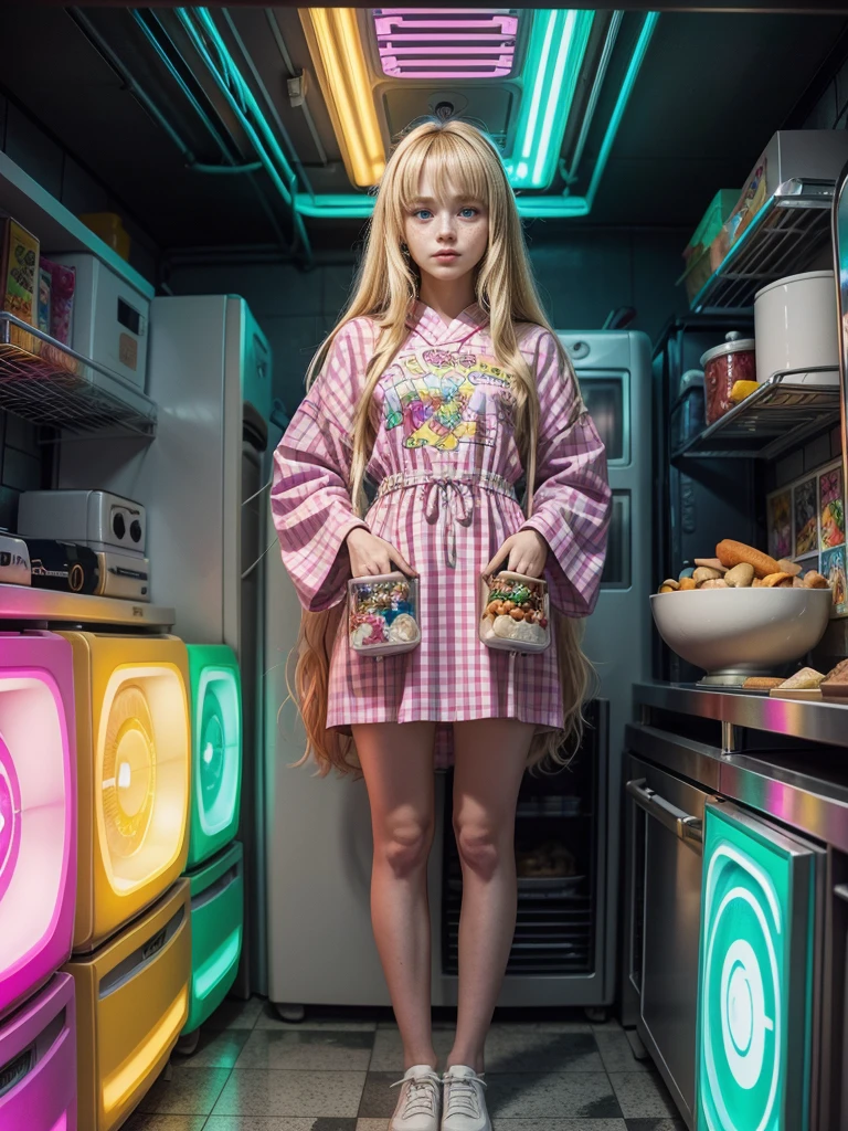 Cute blonde teenage girl wearing clothes coming out of a refrigerator, glowing magic mushrooms growing on a shelf, cyber geisha in an oversized pink and green checkered dress, zebra print, color blocking, checkerboard floor, cat bowls with food on the floor, open refrigerator, view from the fridge, retro technology, cyberpunk art, kawaii, line art, Behance contest winner, psychedelic art, anime aesthetic, maximalist, psychedelic, anime aesthetic, Japanese pop art, graphic novel, comic book style, Ultra-HD, HDR, refreshing, incredibly detailed and intricate, hypermaximalist, elegant, ornate, hyperrealistic, super detailed