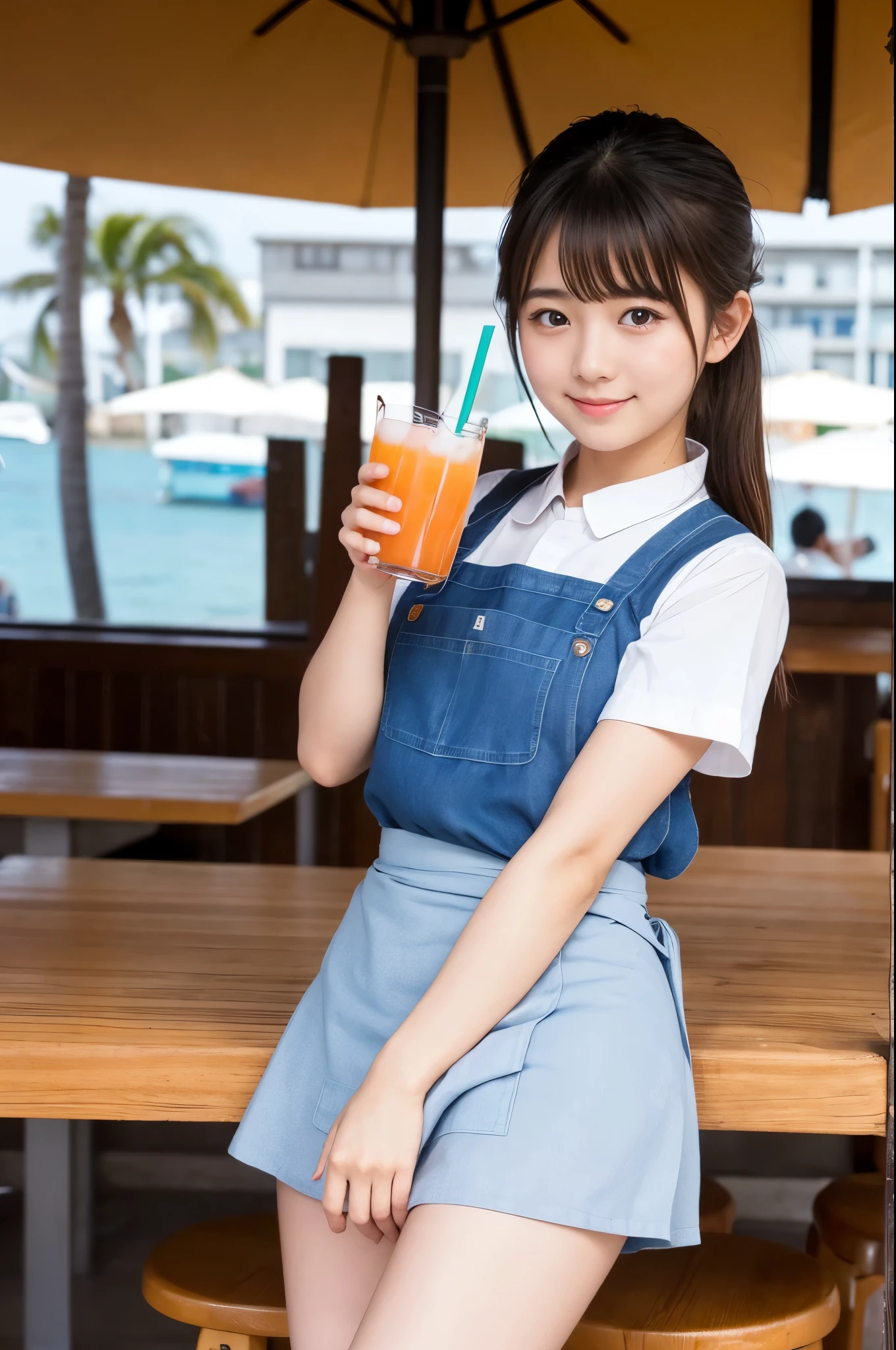 21 years old girl (Japanese cute face) is wearing apron, mini skirt and has fluits drink at the beach bar