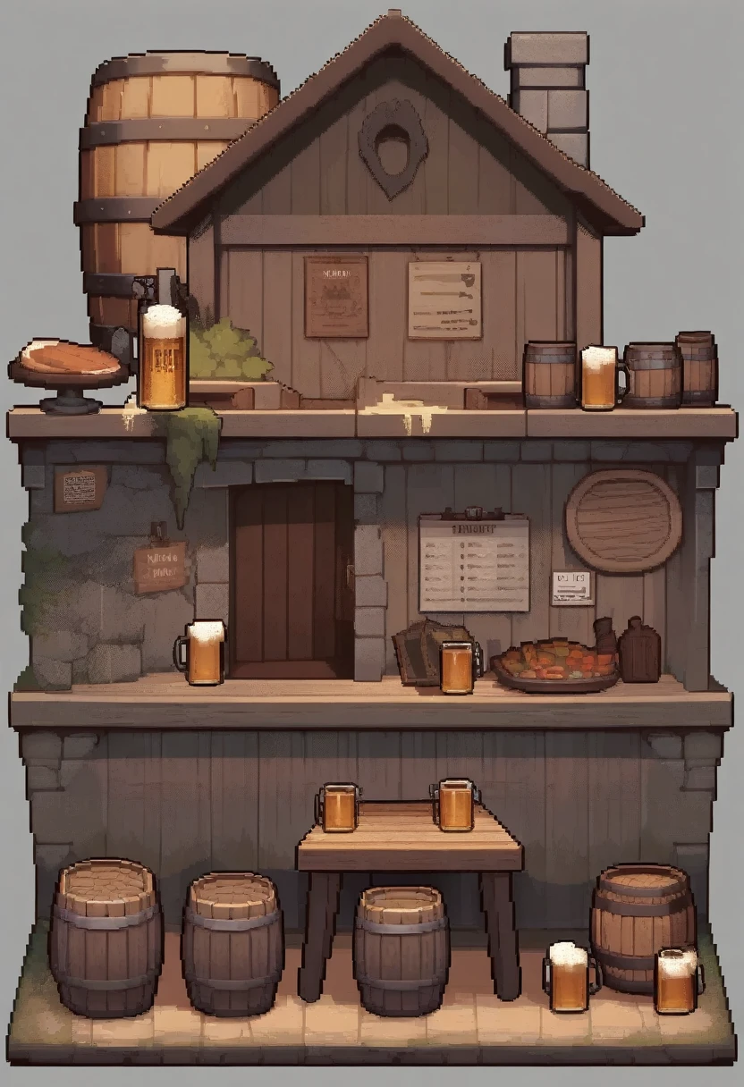 Abar_\(place\), barrel, beer_mug, bottle, commission, english_commentary, fence, grey_background, house, menu_board, no_humans, pixel_art, still_life, table