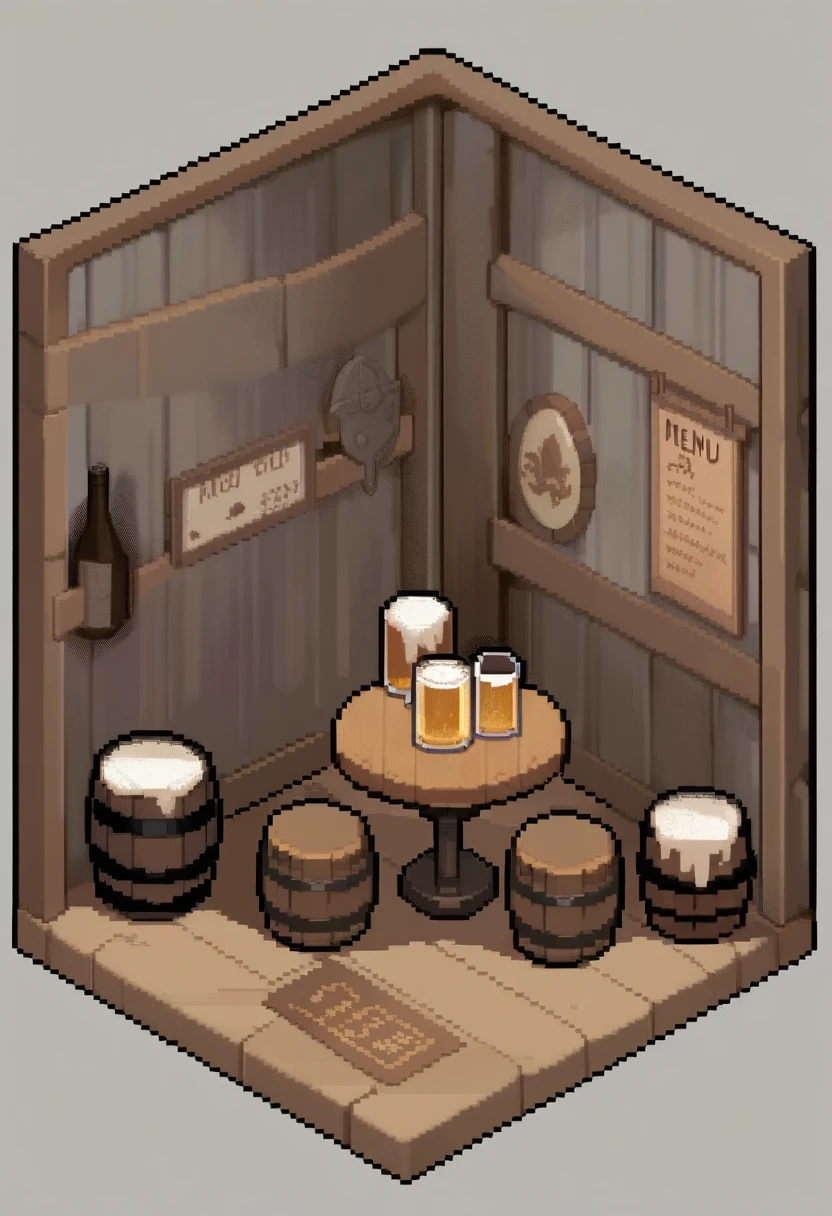 Abar_\(place\), barrel, beer_mug, bottle, commission, english_commentary, fence, grey_background, house, menu_board, no_humans, pixel_art, still_life, table