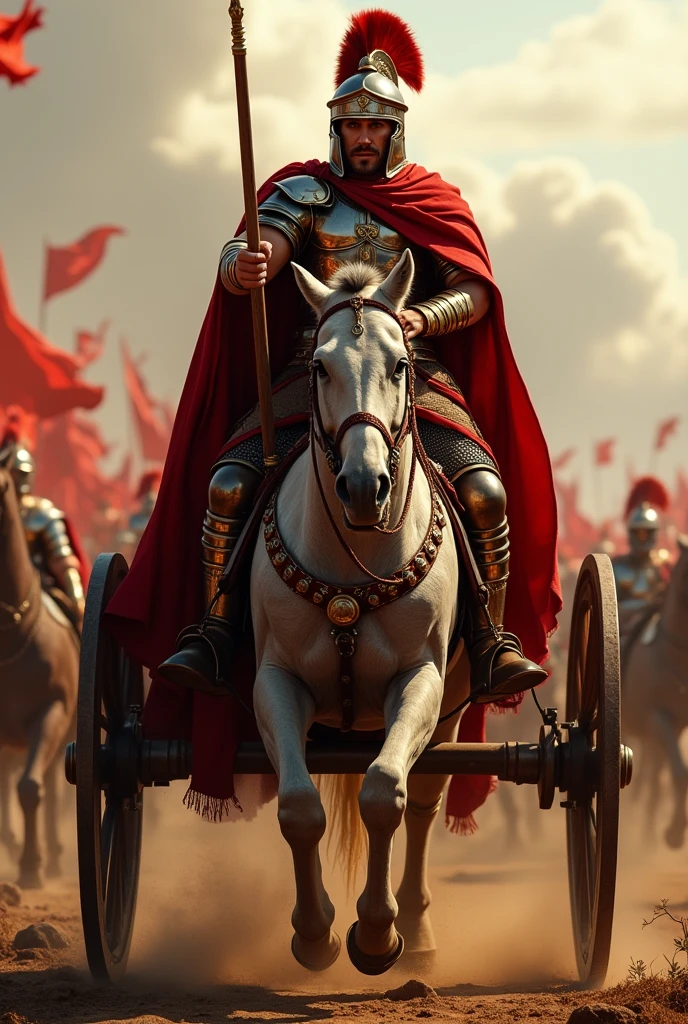Top quality, high resolution, Roman war chariot, battle scene, glossy, sharp focus, photo,