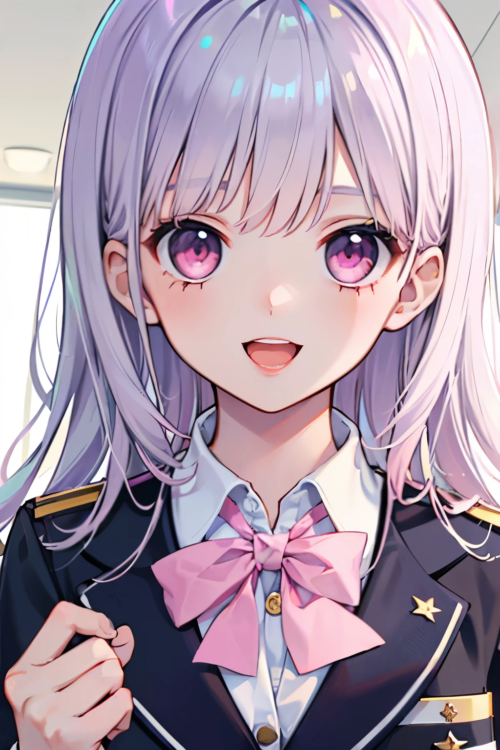beautiful cute girl,(Bluelight silver hair:1.2),,(pink eyes:1.2),((school costume:1.2)),((stripe blazer uniform:1.2)),(open your mouth:1.1),smile,close-up Face,(study:1.1),(study room:1.1).