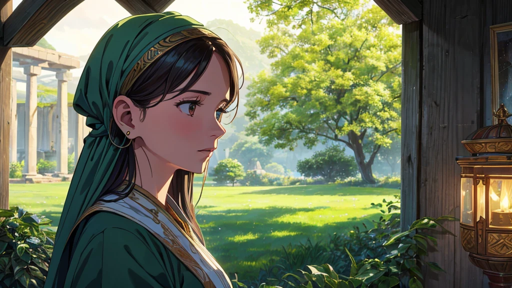A modern portrayal of a woman from the Bible set in the time of Jesus, blending ancient and contemporary elements. The image focuses on her face, capturing a peaceful and reflective expression. She is dressed in traditional biblical attire, including a modest robe and a headscarf, detailed with period-accurate embroidery. Modern earbud headphones are subtly visible in her ears, creating a contrast between the ancient and the contemporary. The background features lush green fields and a gentle rainfall, adding a serene, refreshing atmosphere that complements her contemplative gaze. The scene highlights her spiritual connection to both the past and present.