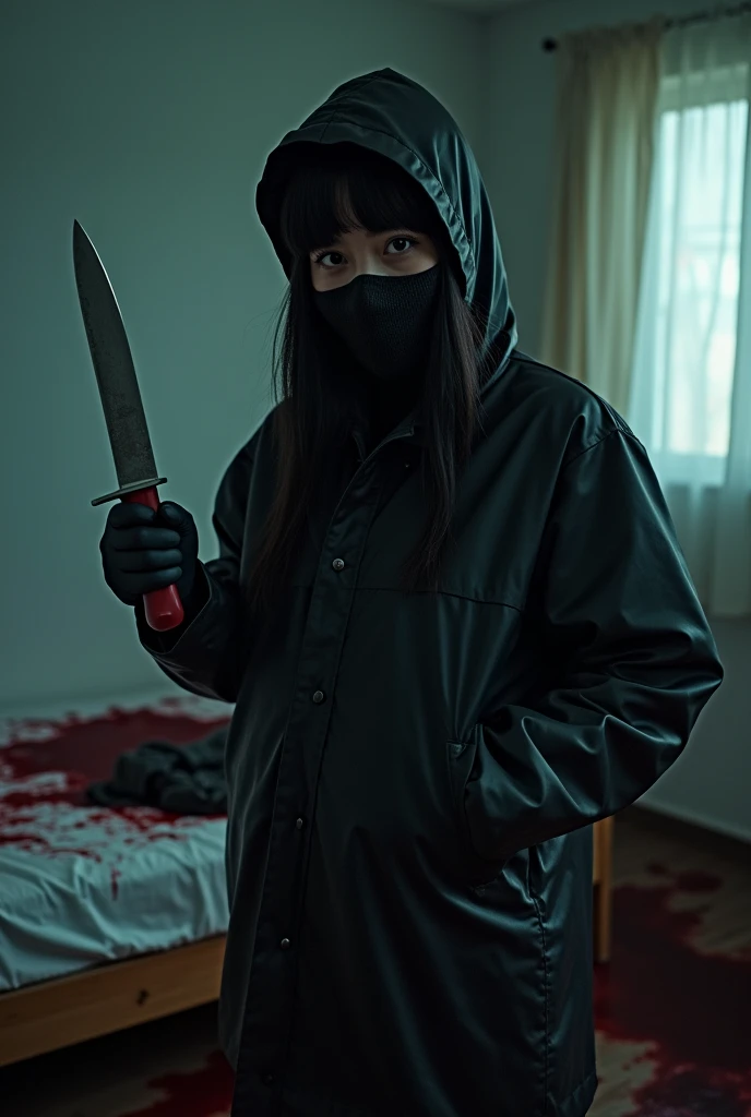 korean girl, (behind corpse, balaclava), holding knife, stabbing, black gloves, room full of blood, black raincoat, plump, hood up, holding knife, black gloves, behind corpse, looking at viewer, blood splatter, bondage, long bangs, bed room, black wet suit, night, mass murderer, killer, robbery, dark atmosphere, cinematic lighting, atmospheric realistic, light from the window close-up,