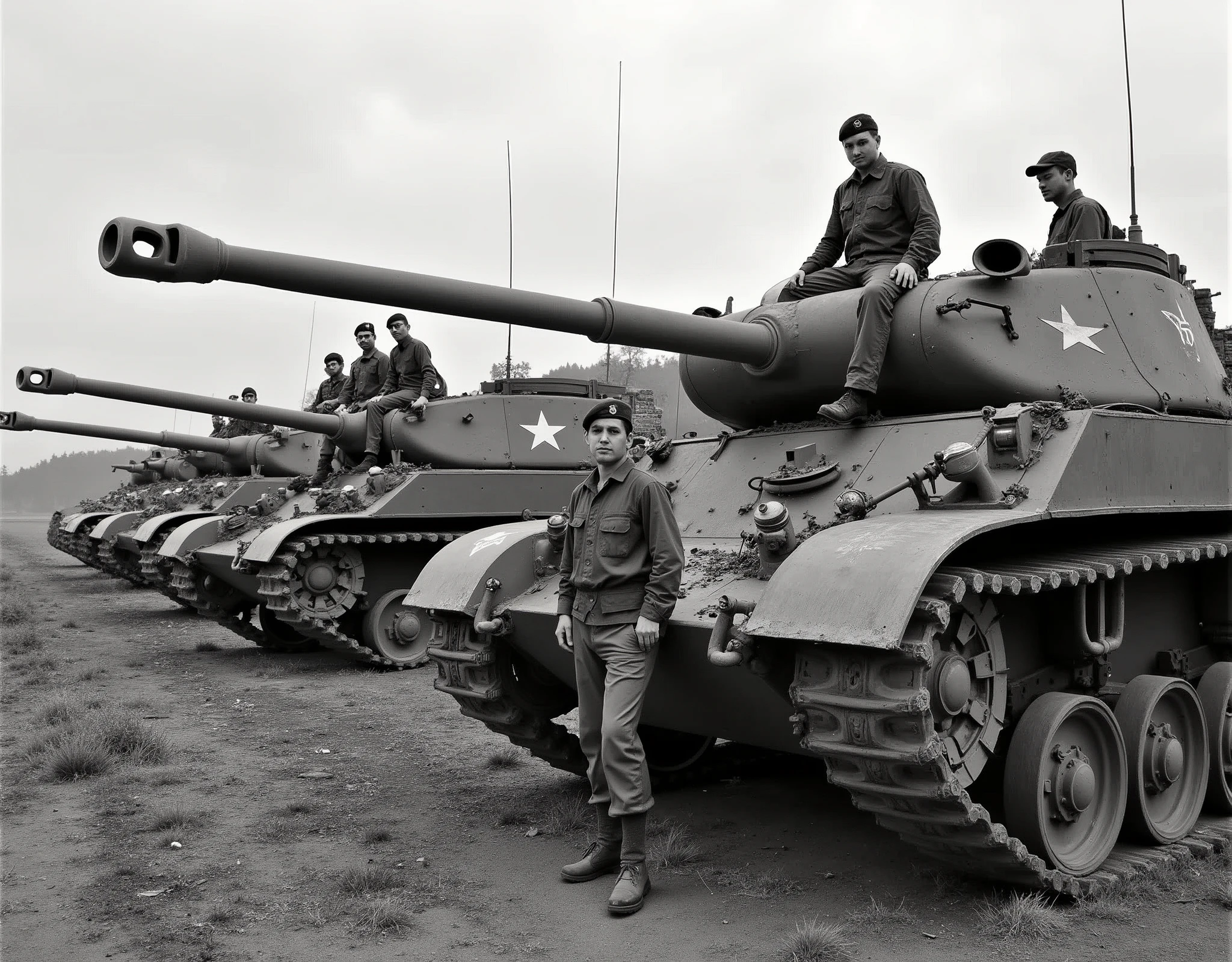 Photograph of soldiers posing on destroyed armored vehicles。