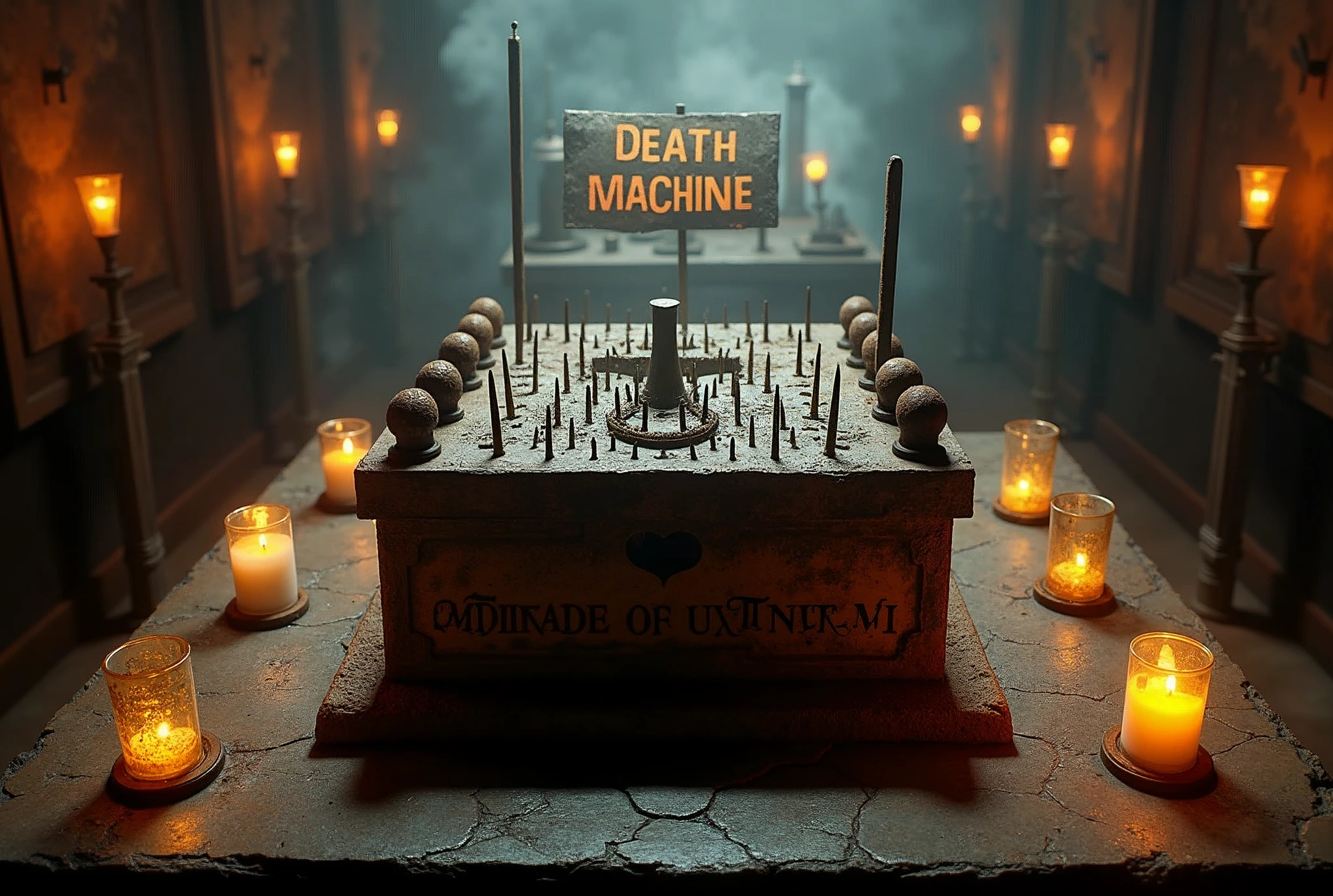 (photo:1.2) of a museum display showcasing a machine to torture men. Long rusty metal spikes were used to pierce the bodies. The machine is a kind of sarcophagus. (A weathered sign pleads "DEATH MACHINE"). Top view. Masterpiece, best quality, 8K, photo realistic, wallpaper, wallpaper 8k, photographic contest winner, Hyperrealistic art cinematic film still photography in the style of detailed hyperrealism photoshoot. [Entire scene is surrounded by lights, evoking a magical and eerie atmosphere. The lighting is bright and atmospheric, with smoke adding a touch of sinister ambiance. Best quality image, HDR enhancement, showcasing the utmost level of detail and realism]. [8K, Best Quality, Ultra High Resolution, (highly detailed CG unity 8k wallpaper), (best photo), (best shadows), isometric 3D, octane rendering, ray tracing, highly detailed, (Best quality, 4K, 8k:1.2), absurdity, ultra detailed, (realistic, photorealistic, photorealistic:1.37), complex parts, HDR, (complex parts:1.12), (hyper detailed, hyper realistic, Soft lighting, spicy:1.2), (complex parts, Hyper detailed:1.15). Blurred foreground. (backlit), masterpiece, high quality, brightness, chromatic aberration, foggy smoke, shadows, contrast, clear sky, (warm hue, warm tone), high details, natural reflections].