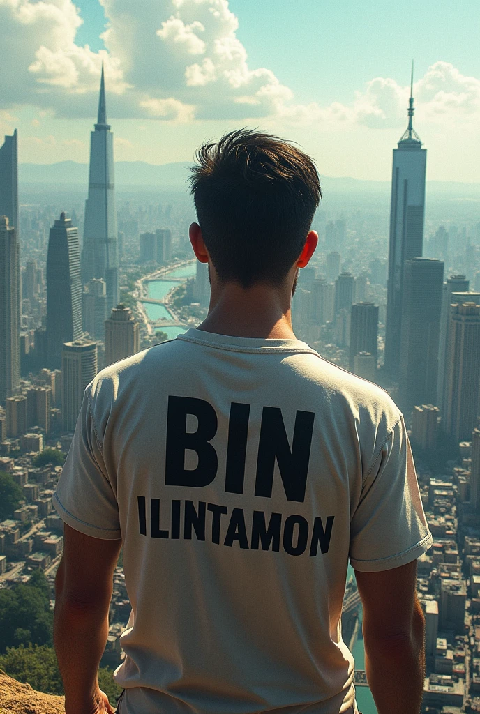 A man is standing on a city hill and on his shirt is written BIN ILINTAMON 