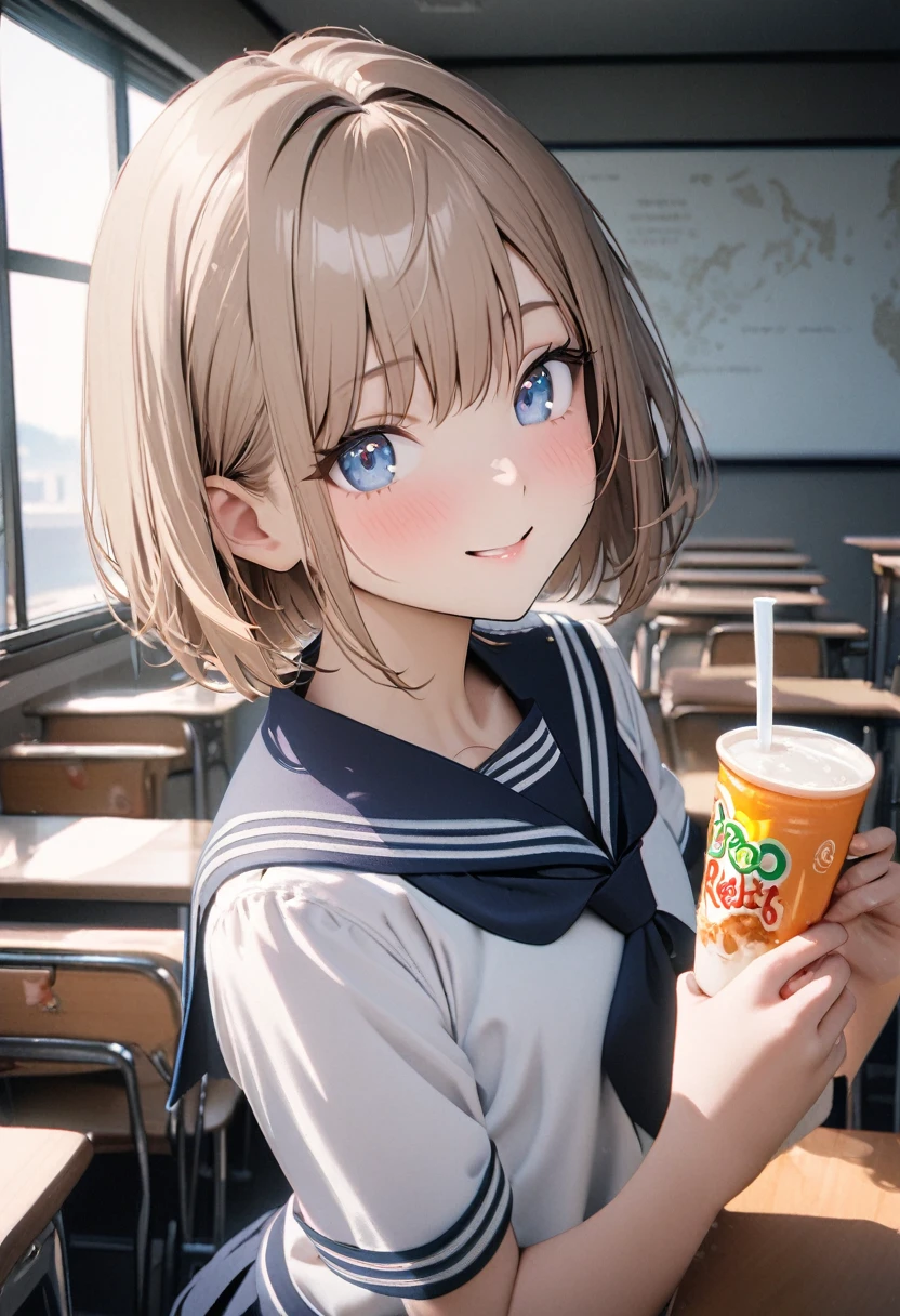 1 girl, 18yo, flat chest, blue eyes, light brown hair, bob cut, smile, drinking a cup of milky white water with relish, sailor uniform, upper body, classroom, 8k, RAW photo, best quality, masterpiece, extremely detailed 8k wallpaper, ultra-detailed, best shadow, detailed background, beautiful detailed face, beautiful detailed eyes, nice hands, perfect hands