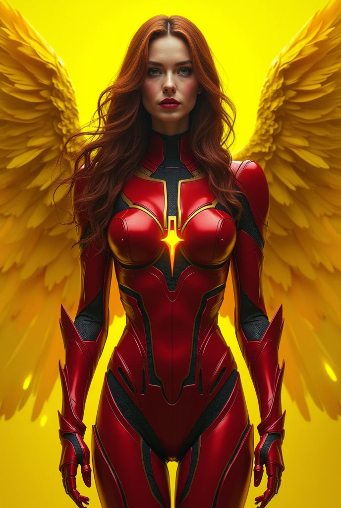 8K, dark_fantasy, (Scarlet Witch, Yellow: 1.5), Angel's face, 1 person, Standing full body portrait, Mechanical wonder, Robots exist