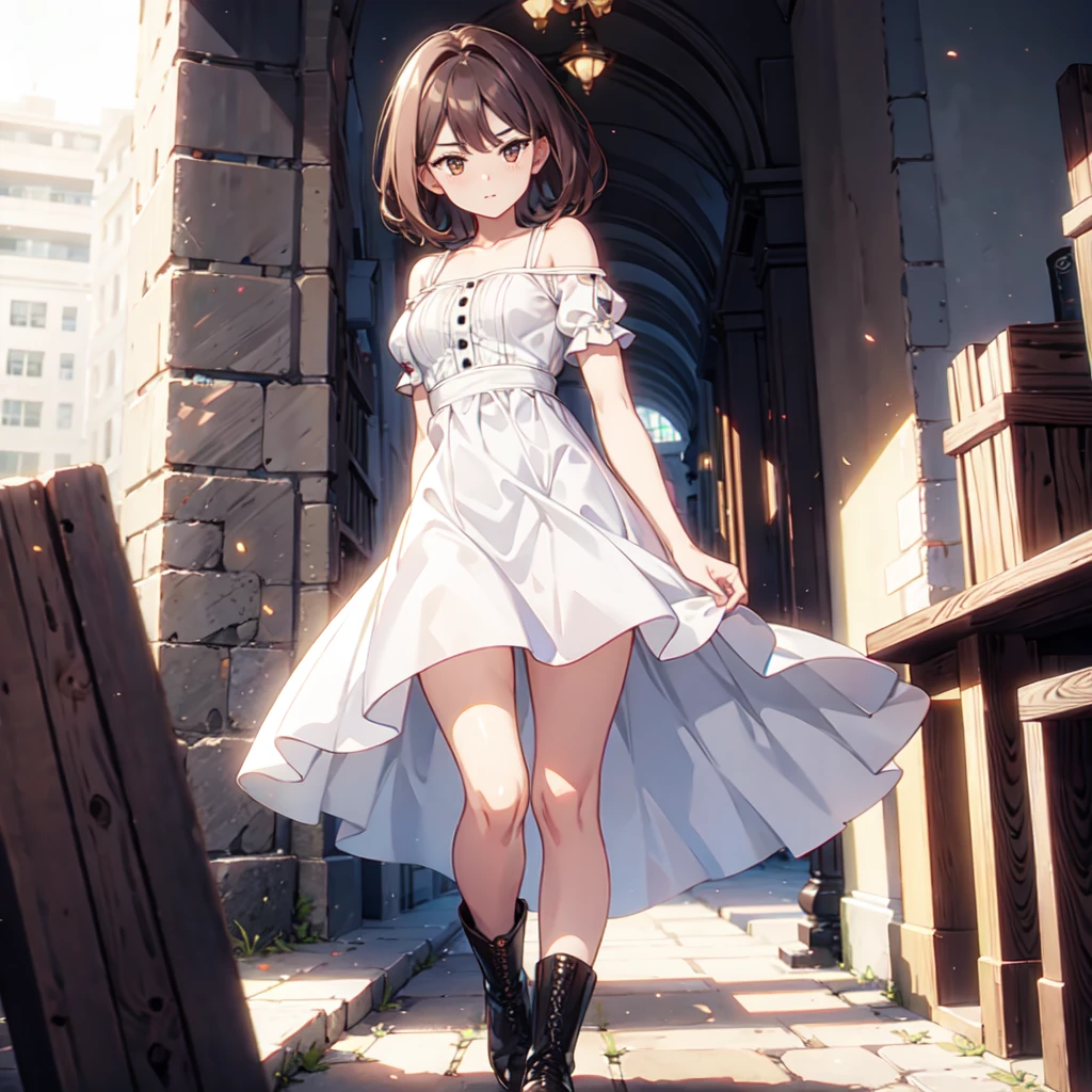 1 girl, short brown hair, brown eyes, wearing white off-shoulder dress, black boots, knife pierced on her chest, ancient library, high res, ultrasharp, 8k, masterpiece