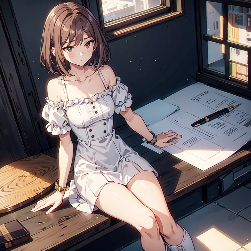 1 girl, short brown hair, brown eyes, wearing white off-shoulder dress, black boots, knife pierced on her chest, ancient library, high res, ultrasharp, 8k, masterpiece