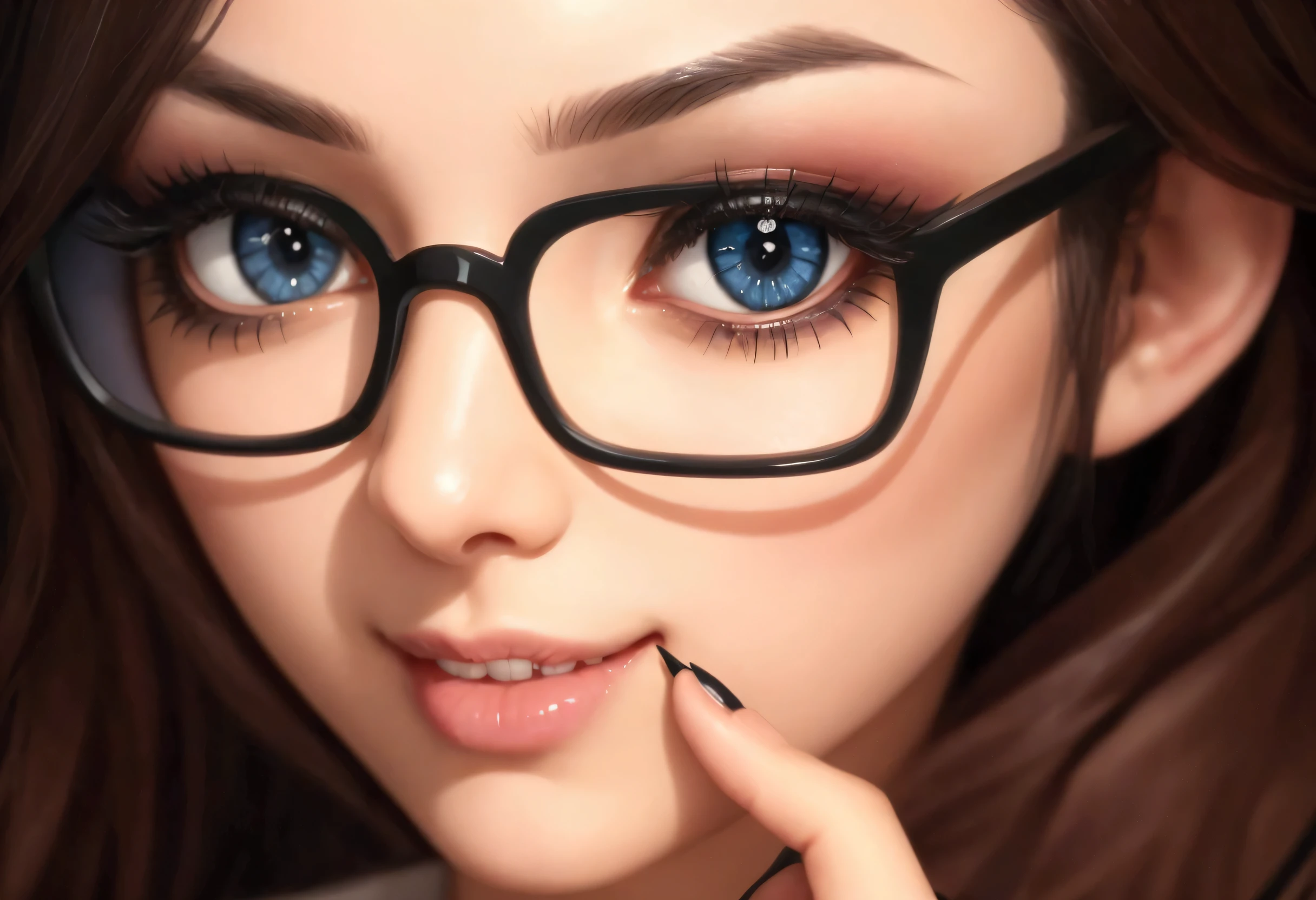 Lady wearing black frame glasses,Blue pupils,Long eyelashes,Intense eyeshadow,Smoky makeup,Long eyeliner, Smile,Charming eyes,number, Eyes realistic, Low Detail. number, number, Ultra Detailed,Thick coating style,Large color blocks,Comic Style