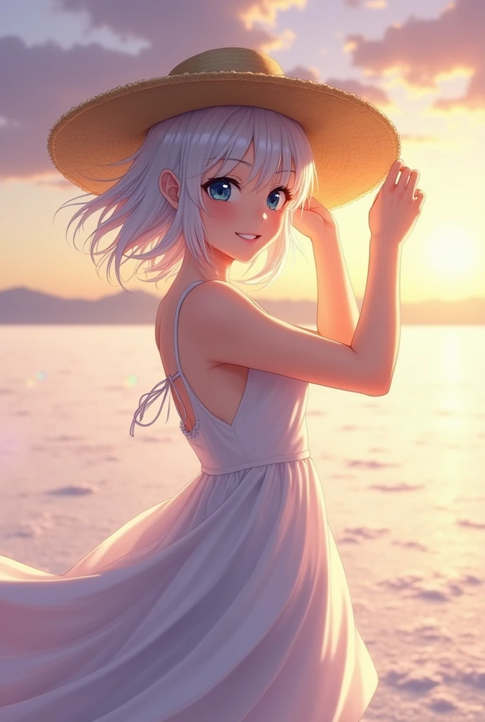 1 Girl, masterpiece, Extremely detailed, (Beautiful and delicate light), lens flare, White hair, short hair, Flowing hair, look back, Back, Smile, blue eyes, White Dress, Medium breasts, Upper Body, Wide-angle lens, straw hat, ((Uyuni Salt Flats)), sunrise, cloud, Backlight, Purple sky, yellow sky, Gradient sky, Place your hands on your hat