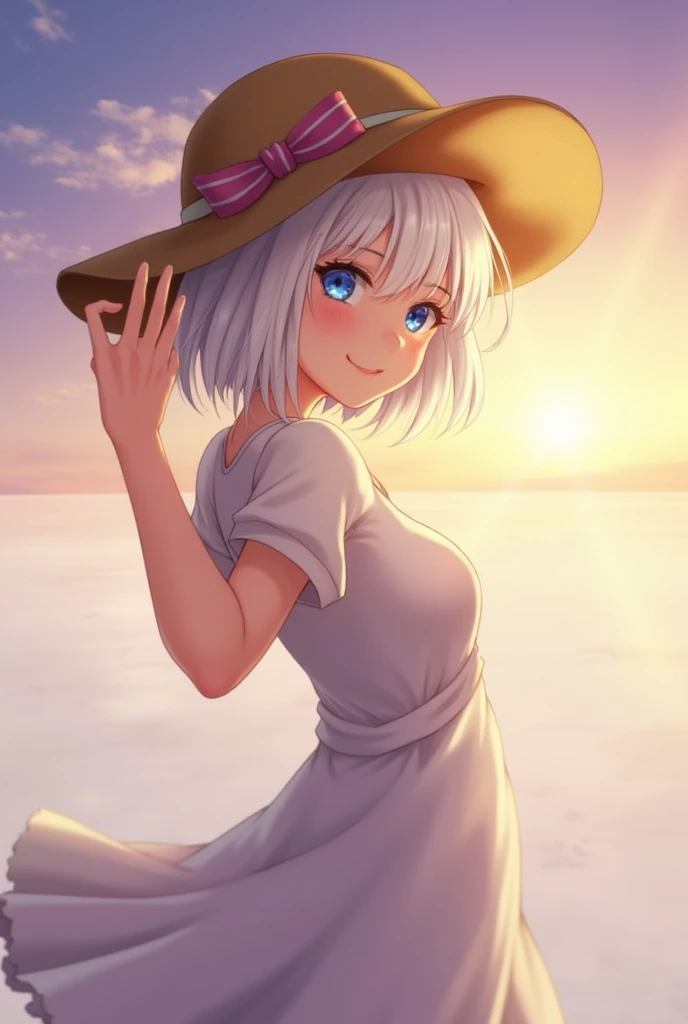 1 Girl, masterpiece, Extremely detailed, (Beautiful and delicate light), lens flare, White hair, short hair, Flowing hair, look back, Back, Smile, blue eyes, White Dress, Medium breasts, Upper Body, Wide-angle lens, straw hat, ((Uyuni Salt Flats)), sunrise, cloud, Backlight, Purple sky, yellow sky, Gradient sky, Place your hands on your hat