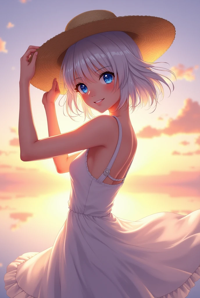 1 Girl, masterpiece, Extremely detailed, (Beautiful and delicate light), lens flare, White hair, short hair, Flowing hair, look back, Back, Smile, blue eyes, White Dress, Medium breasts, Upper Body, Wide-angle lens, straw hat, ((Uyuni Salt Flats)), sunrise, cloud, Backlight, Purple sky, yellow sky, Gradient sky, Place your hands on your hat