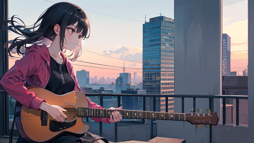 A girl playing guitar at dusk.
