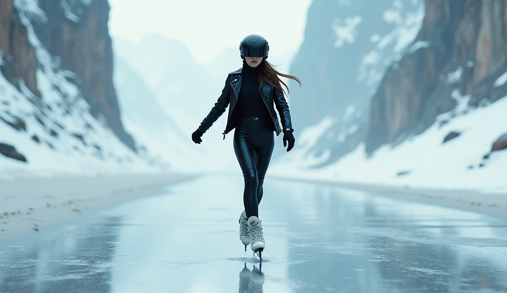 Female ice skater，Wearing a black leather jacket，A futuristic helmet，Glide along the ground，individual，Hyperrealism，Wallpaper quality，Photography style