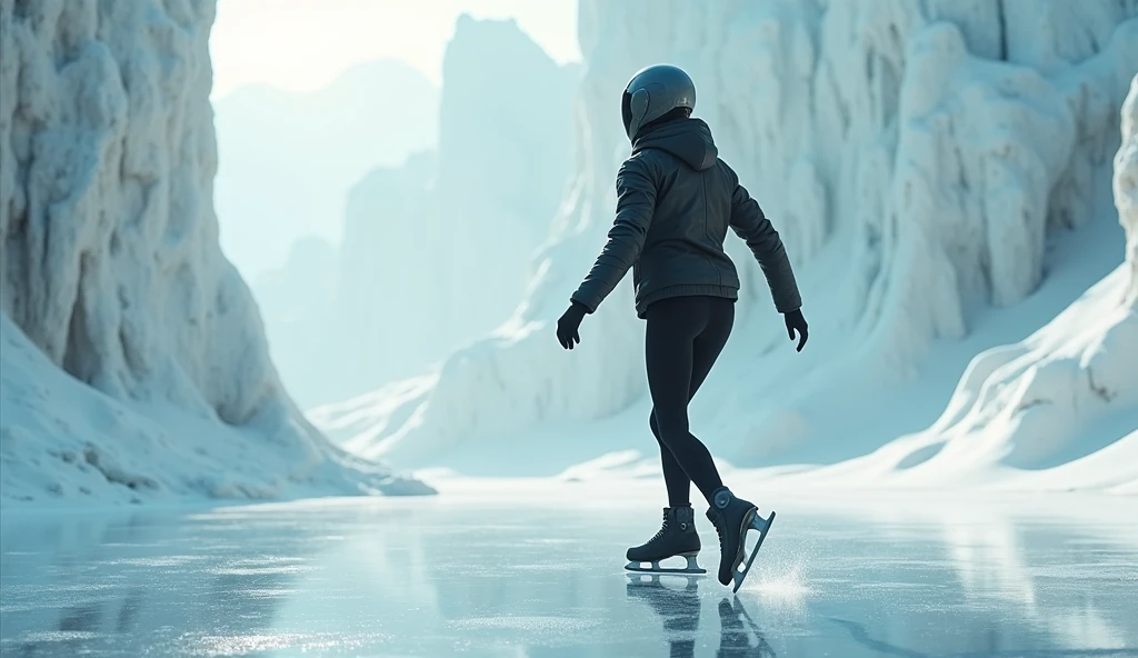 Female ice skater,Wearing a black leather jacket,A futuristic helmet,Glide along the ground,individual,Hyperrealism,Wallpaper quality,Photography style