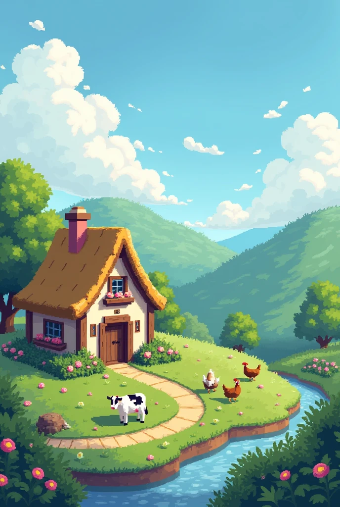 Can you create a pixel art of minecraft it should be cottage core and should contain colours like pink green white it should be in landscape mode it should be clear 