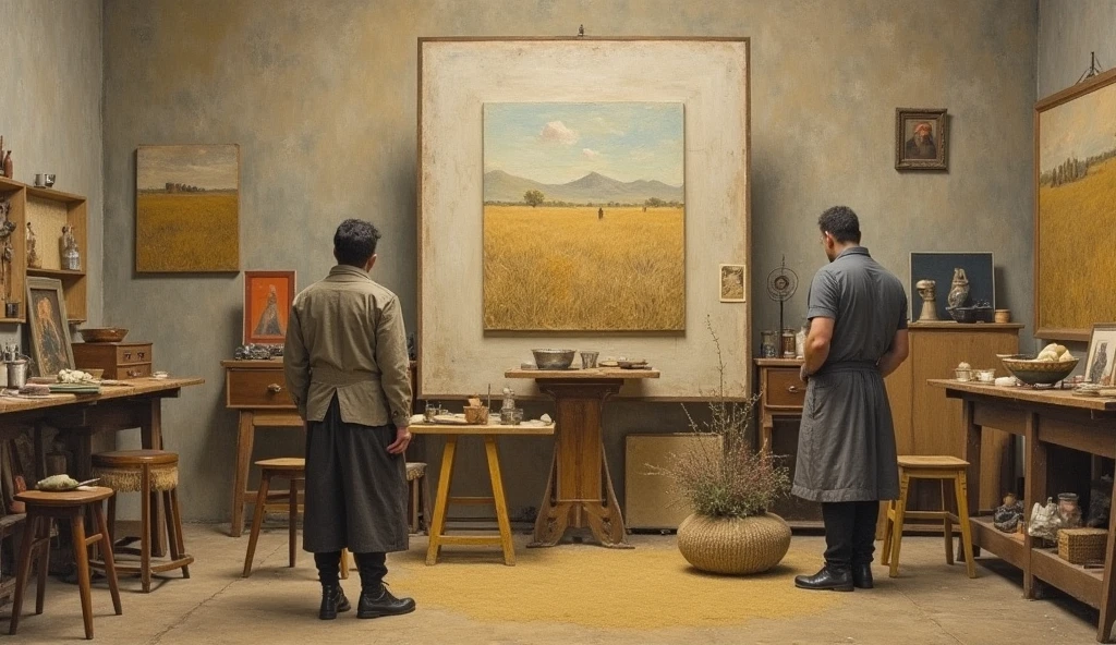 Millet painting The Gleaners in his studio