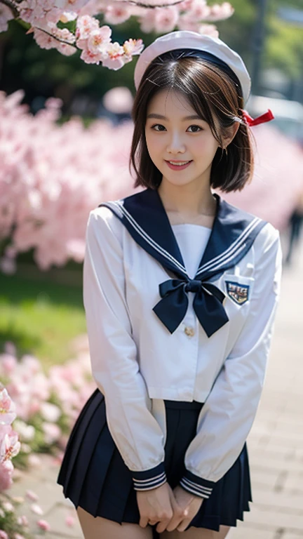 (A gorgeous Japanese idol, age 25 , wearing seifuku, school uniform, sailor moon, jk uniform, high-school uniform, short shirt, plaid or pleated skirts, bowtie red ribbon, sailor hat, knee+high socks, at Cherry Blossom Festival,
Easygoing expressions, kind smile, dimpled chins, cute snaggle-tooth, short bob hair ponytail, symmetrical face, realistic detailed face, beautiful detailed eyes, perfect body proportions, perfect body anatomy, hourglass figure, ample round bosoms, medium breasts,
Raw photo, photorealistic, realistic portrait, hyper-realism, high contrast, ultra HD, realistic skin textures, top image quality, top-quality, super high resolution, fine details, very meticulously, masterpiece, medium shot, close-up shot, cowboy shot, High Angle Shot, bokeh background, SFW, Safe For Work)
