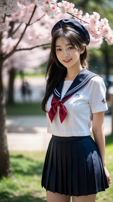 (A gorgeous Japanese idol, age 25 , wearing seifuku, school uniform, sailor moon, jk uniform, high-school uniform, short shirt, plaid or pleated skirts, bowtie red ribbon, sailor hat, knee+high socks, at Cherry Blossom Festival, 

Easygoing expressions, kind smile, dimpled chins, cute snaggle-tooth, short bob hair ponytail, symmetrical face, realistic detailed face, beautiful detailed eyes, perfect body proportions, perfect body anatomy, hourglass figure, ample round bosoms, medium breasts,

Raw photo, photorealistic, realistic portrait, hyper-realism, high contrast, ultra HD, realistic skin textures, top image quality, top-quality, super high resolution, fine details, very meticulously, masterpiece, medium shot, close-up shot, cowboy shot, High Angle Shot, bokeh background, SFW, Safe For Work)