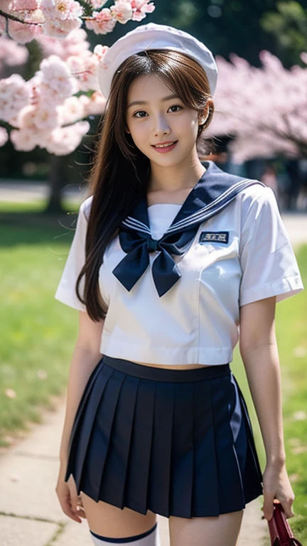 (A gorgeous Japanese idol, age 25 , wearing seifuku, school uniform, sailor moon, jk uniform, high-school uniform, short shirt, plaid or pleated skirts, bowtie red ribbon, sailor hat, knee+high socks, at Cherry Blossom Festival, 

Easygoing expressions, kind smile, dimpled chins, cute snaggle-tooth, short bob hair ponytail, symmetrical face, realistic detailed face, beautiful detailed eyes, perfect body proportions, perfect body anatomy, hourglass figure, ample round bosoms, medium breasts,

Raw photo, photorealistic, realistic portrait, hyper-realism, high contrast, ultra HD, realistic skin textures, top image quality, top-quality, super high resolution, fine details, very meticulously, masterpiece, medium shot, close-up shot, cowboy shot, High Angle Shot, bokeh background, SFW, Safe For Work)