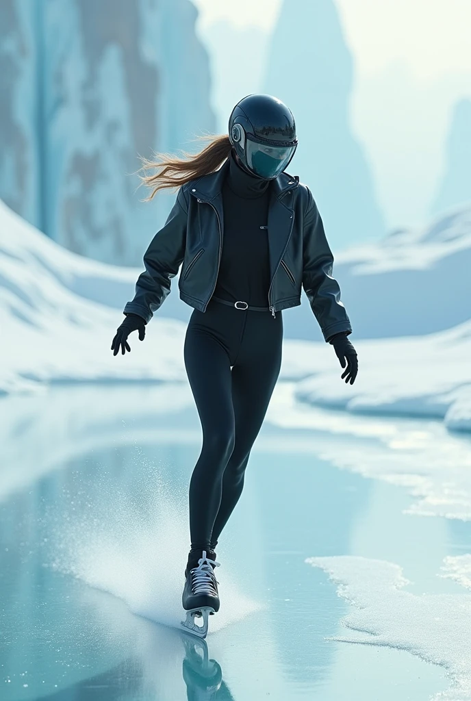 Female ice skater,Wearing a black leather jacket,A futuristic helmet,Glide along the ground,individual,Hyperrealism,Wallpaper quality,Photography style