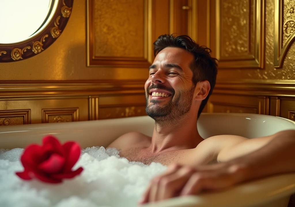 Create an image of a man relaxing in a luxurious bathtub inside the interior of a golden ship, with the man positioned close to the camera. The ship’s interior should be opulent, featuring gleaming gold walls and intricate carvings. The bathtub should be elegant, possibly with golden accents, and filled with bubbles or water. A single red flower should float gently on the surface of the water, adding a pop of color. The man should be seen up close, with a relaxed and content expression, enjoying the lavish surroundings. Soft, warm lighting should accentuate the richness of the gold, creating a serene and indulgent atmosphere. Include subtle nautical elements in the background, such as a porthole with a view of the ocean, to emphasize that the scene is inside a grand, golden ship." flower his hand showing up from tub and looking to front of camera with laughing mood
