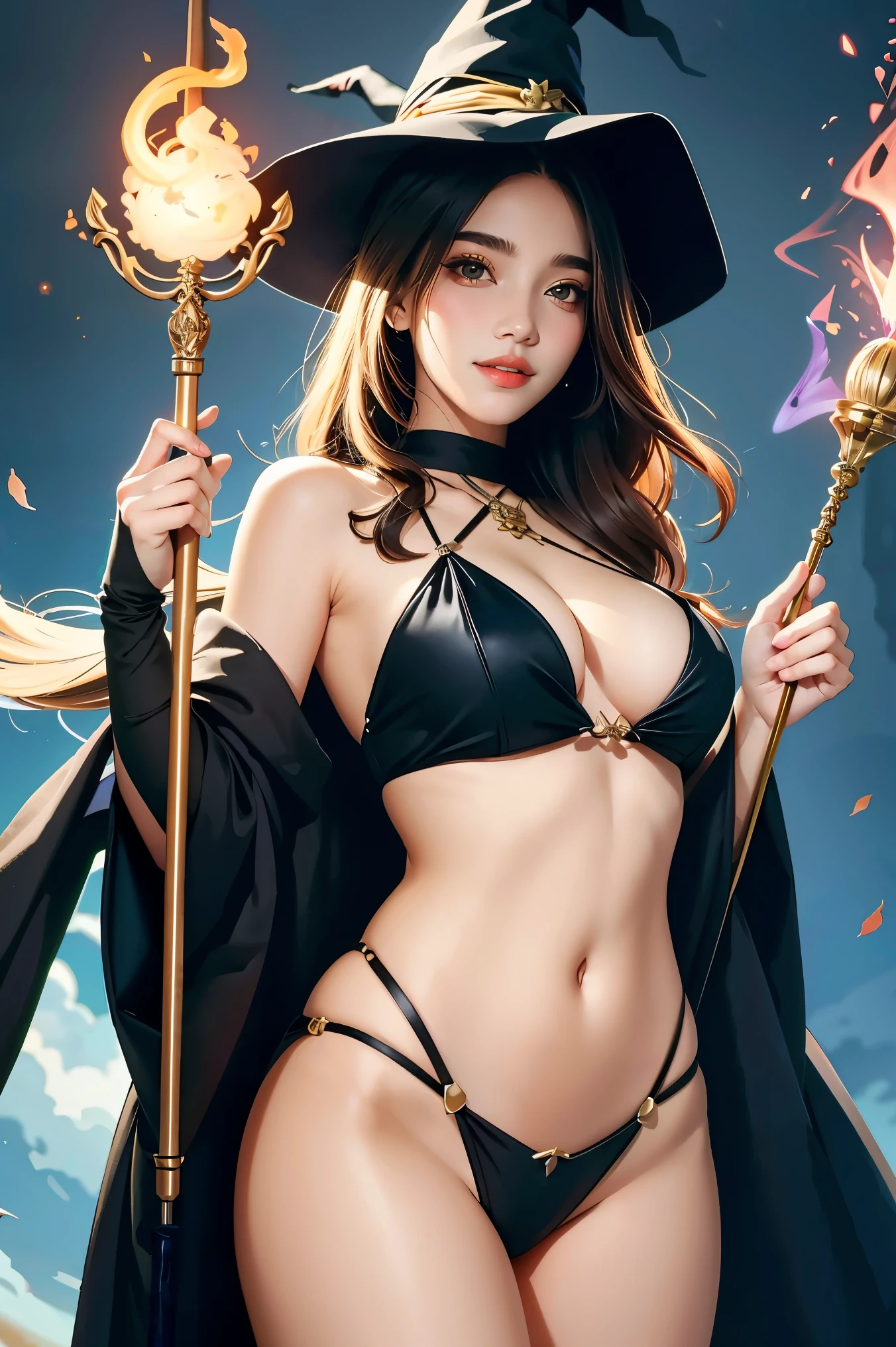 solo, 1girl, fantasy wolrd, sexy witch, staff of magic, fire folating around her.