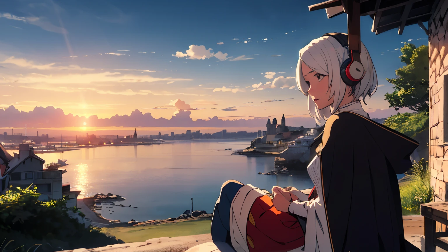 elf girl with white hair, sitting at hill of cape facing the beach, wearing headphone, sunset view,wearing medieval dress, medieval town.