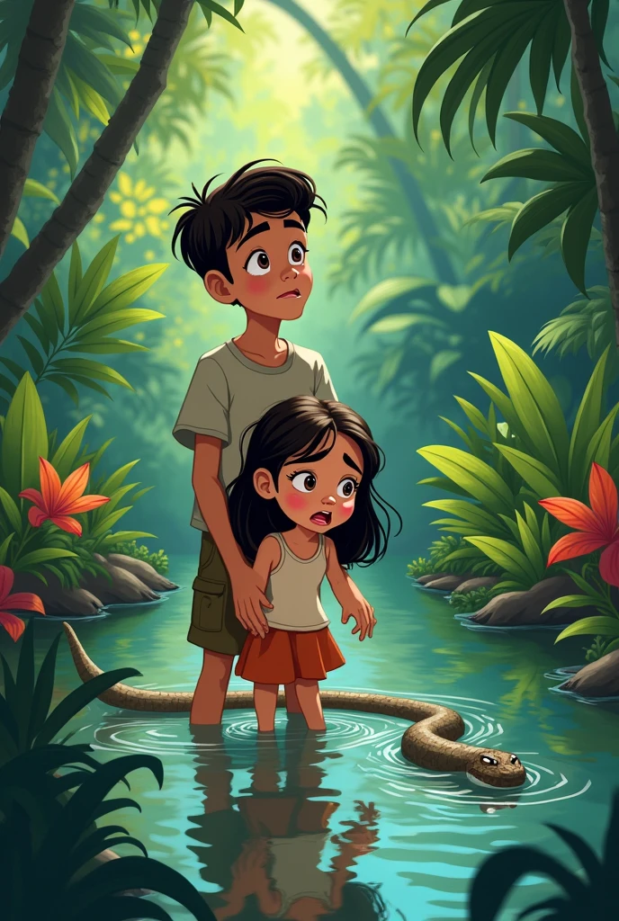 Illustrate young girl Maryam’s fear from snake which appears from water in jungle as she hides behind young boy Ali, who stands protectively in front in Disney cartoon form